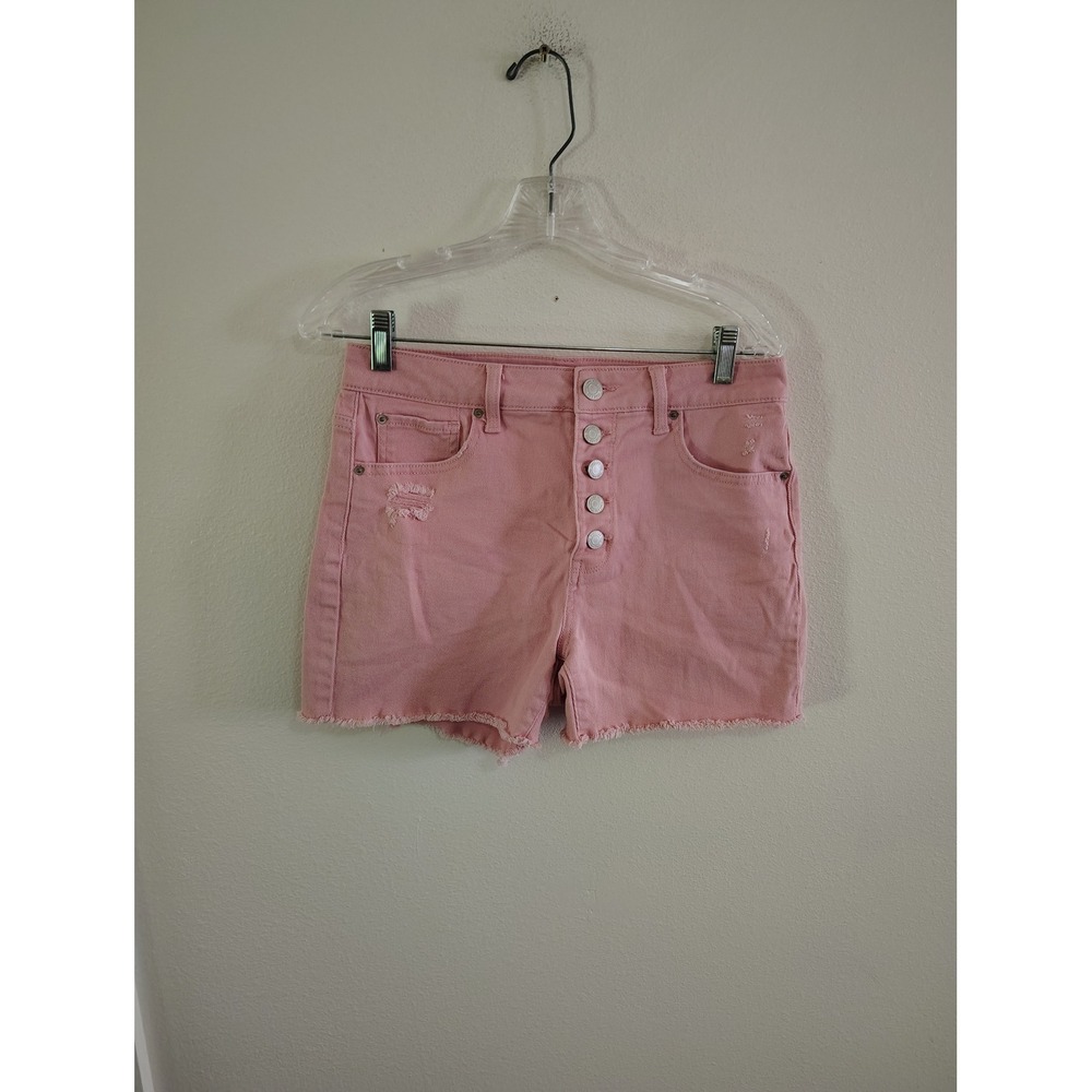 Time and Tru Womens High Rise Button Fly Denim Shorts Pink Size 10 Distressed